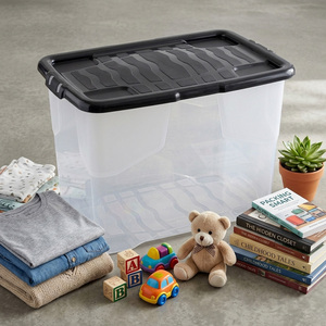 2 x 65L Curved Plastic Storage Box with Black Lid Heavy-Duty & Stackable - Clear