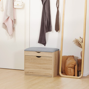 HOMCOM Upholstered Shoe Storage Bench with Cabinet, Hidden Space for Entryway - Natural Wood Effect - Image 3