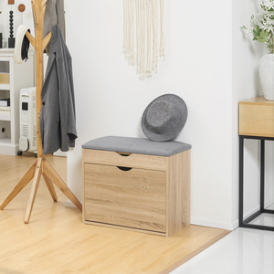 HOMCOM Upholstered Shoe Storage Bench with Cabinet, Hidden Space for Entryway - Natural Wood Effect - Image 4