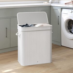 Bamboo Laundry Clothes Basket with Lid and Handles - White