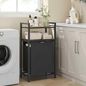 Double Laundry Hamper Pull Out Bag Shelves, Brown & Black - Rustic Brown, Black