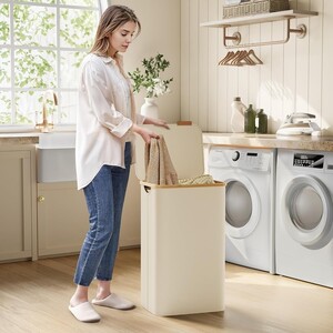 Laundry Hamper with Lid Bamboo Handles, White - Cream White